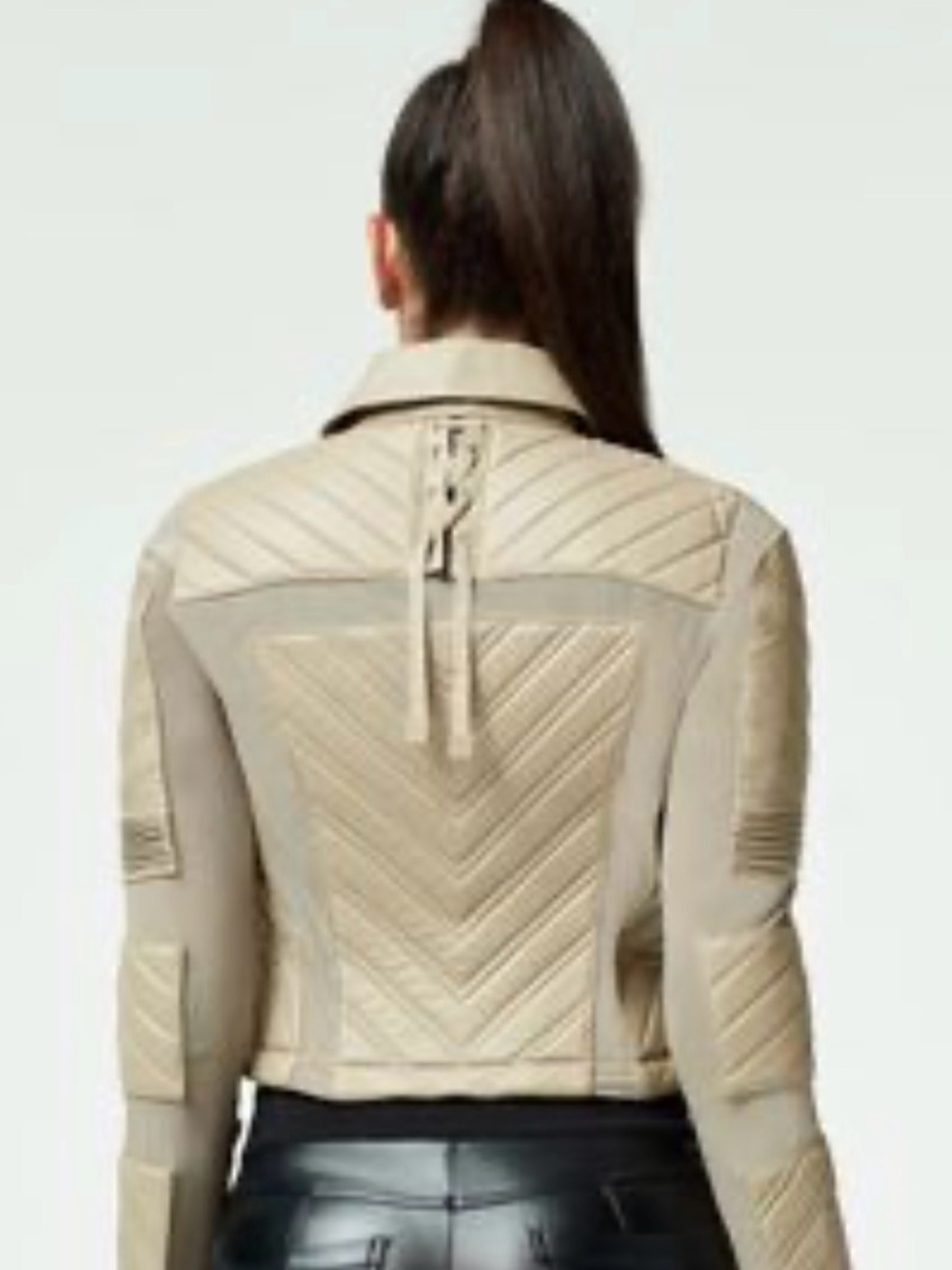 Blanc Noire Beige Quilted Genuine Leather Women's Moto Jacket